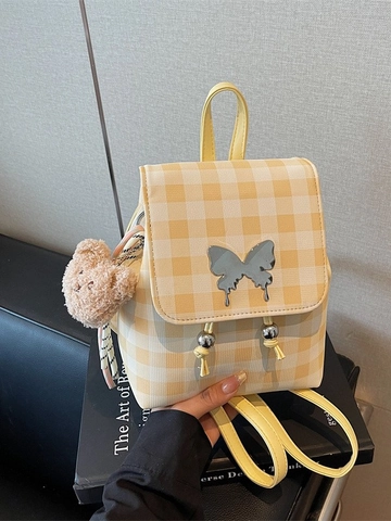 Mochila Mini a Cuadros Estilo Escolar Coreano para Mujer Cuero PU Mariposa Decoración Bolso de Hombro Casual para Estudiantes