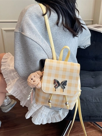 Mochila Mini a Cuadros Estilo Escolar Coreano para Mujer Cuero PU Mariposa Decoración Bolso de Hombro Casual para Estudiantes