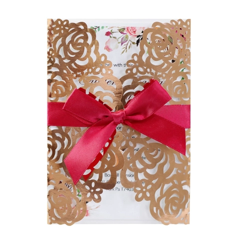 Laser Cut Rose Wedding Invitation Card Set With Envelope And Ribbon Elegant Reflective Pearl Paper Engagement Party Stationery