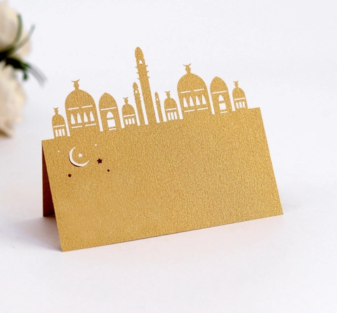 Segnaposto Eid Taglio Laser Moschea Ramadan Kareem Carta Perlata Intagliata Carte Nome Tavolo per Banchetti Matrimonio