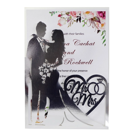 Inviti di Matrimonio Tagliati al Laser Carta Perlata Effetto Specchio Silhouette Sposi Cuore Cartoline per Celebrazione Matrimonio Anniversario