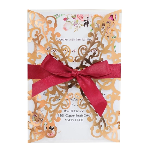 Laser Cut Wedding Invitations Rose Gold Gold Silver Pearlescent Paper Invitation Cards With Satin Ribbons Envelopes Engagement Party