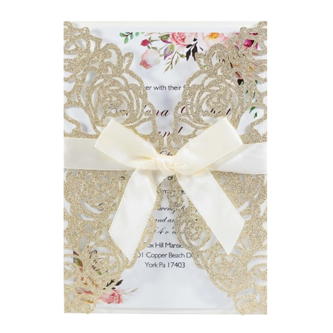 Eleganti Biglietti d'Invito per Matrimonio con Taglio Laser Rosa Glitterata Con Buste Fiocco Fogli Interni per Festa