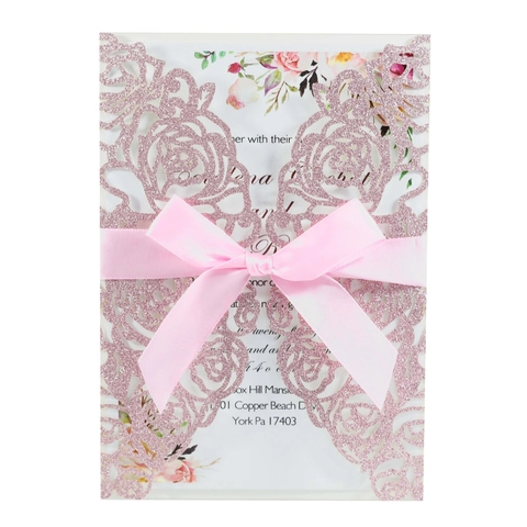 Eleganti Biglietti d'Invito per Matrimonio con Taglio Laser Rosa Glitterata Con Buste Fiocco Fogli Interni per Festa