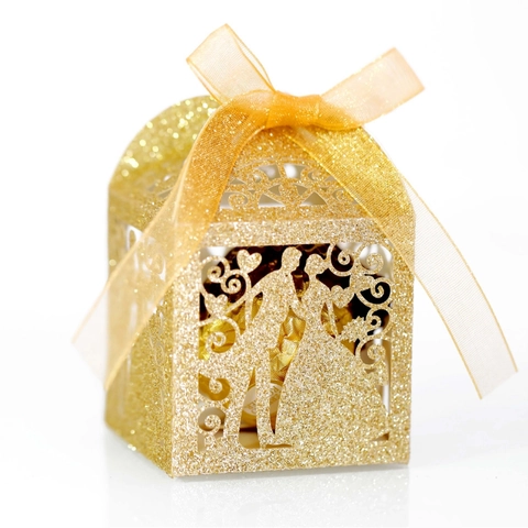 Laser Cut Wedding Candy Boxes Glitter Paper Bride And Groom Hollow Out Gift Boxes With Ribbon For Valentine Day Favors