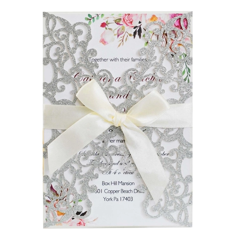 European Laser Cut Glitter Paper Wedding Invitation Cards Set With Satin Ribbon Bow Inner Page And Envelope For Engagement Party