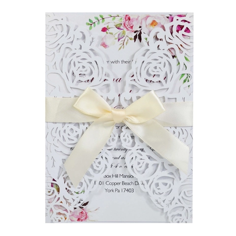 Laser Cut Hollow Rose Pearlescent Paper Wedding Invitation Cards With Satin Ribbon Bow Engagement Party Invites Envelopes