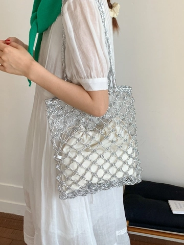 Sac à Épaule Tissé Métallique pour Femme Sac Fourre-Tout Grande Capacité Ajouré Avec Pochette Intérieure à Cordon Sac Plage