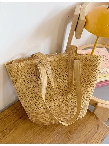 Sac Fourre-tout en Paille Tissé pour Femmes Grande Capacité Style Crochet Ajouré Dentelle Sac à Bandoulière Vacances Plage
