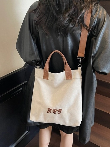 Sac Cabas en Toile Rétro pour Femmes Grande Capacité Broderie de Lettres Sac à Épaule Léger Décontracté Voyage École Sac de Shopping