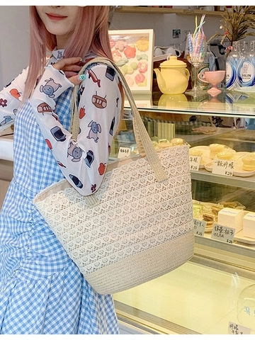 Sac Fourre-tout en Paille Tissé pour Femmes Grande Capacité Style Crochet Ajouré Dentelle Sac à Bandoulière Vacances Plage