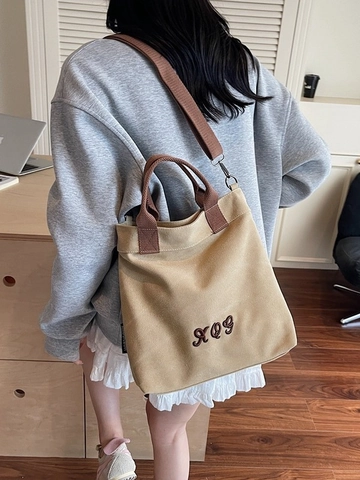 Sac Cabas en Toile Rétro pour Femmes Grande Capacité Broderie de Lettres Sac à Épaule Léger Décontracté Voyage École Sac de Shopping