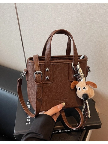 Sac Seau en Cuir PU Style Coréen pour Femmes Motif Lychee Sac Bandoulière Décontracté avec Pendentif Chien en Peluche