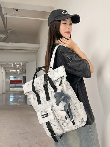 Sac à Dos Grande Capacité Imprimé Marbre Unisexe Sac d'École Tendance Imperméable Pour Ordinateur Avec Pendentif Peluche