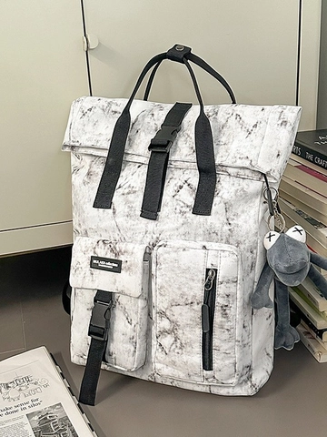 Sac à Dos Grande Capacité Imprimé Marbre Unisexe Sac d'École Tendance Imperméable Pour Ordinateur Avec Pendentif Peluche