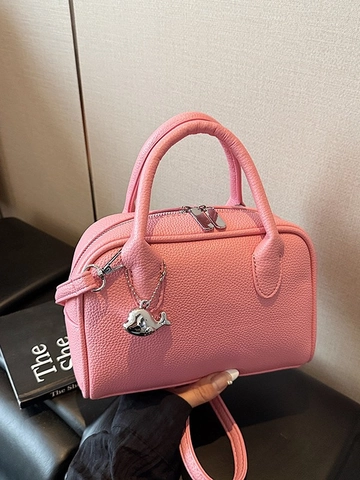 Fashion Litchi Pattern PU Leather Crossbody Bag For Women Small Bowling Handbag With Whale Pendant Solid Color Daily Shoulder Bag