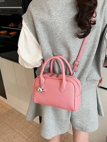 Fashion Litchi Pattern PU Leather Crossbody Bag For Women Small Bowling Handbag With Whale Pendant Solid Color Daily Shoulder Bag