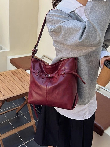 Vintage PU Leather Large Capacity Shoulder Bag For Women Fashion Hobo Tote Underarm Bag Belt Buckle Decor Solid Color Purse