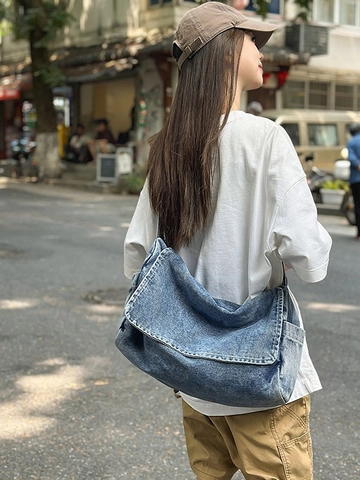Sac Bandoulière en Denim Lavé de Grande Capacité pour Femmes Vintage Messenger Sac à Épaule Décontracté École Voyage Sac