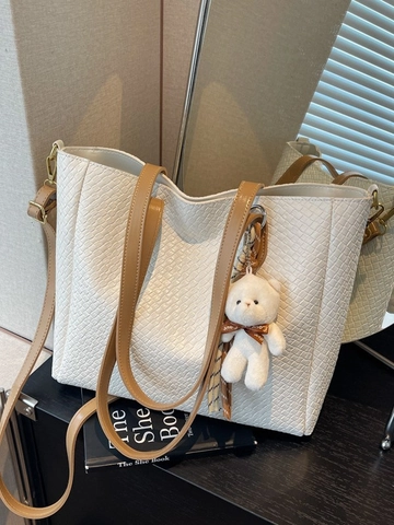 Sac Fourre-tout à la Mode en Cuir PU Tissé de Grande Capacité pour Femmes Sac à Épaule Tendance avec Joli Pendentif Ours en Peluche