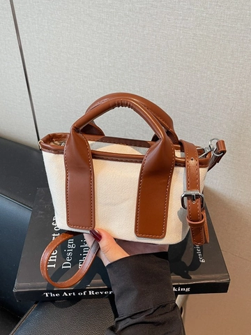 Mini Sac Seau en Toile pour Femmes Avec Épissage en Cuir PU Couleur Contrastée Sac Bandoulière Sac à Main Décontracté Mini Cabas