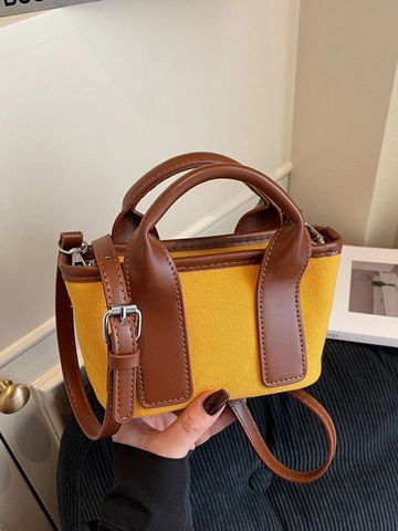 Mini Sac Seau en Toile pour Femmes Avec Épissage en Cuir PU Couleur Contrastée Sac Bandoulière Sac à Main Décontracté Mini Cabas