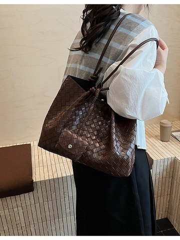 Grand Sac Cabas Tressé pour Femmes en Cuir PU Sac à Épaule Minimaliste Avec Pochette Bandoulière Nouée Sac à Main