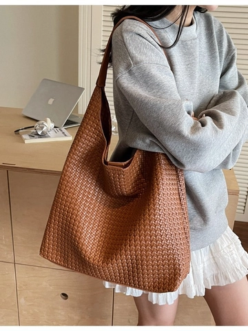 Bolso Tote Grande de Cuero PU Tejido para Mujer Bolso de Hombro Casual Gran Capacidad Bolso Hobo Minimalista Color Sólido