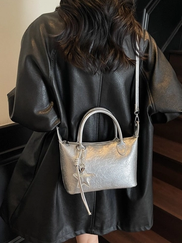 Borsa a Mano da Donna in Pelle PU Plissettata Borsa a Tracolla Lucida con Ciondolo a Stella Borsa a Spalla Piccola per Uso Quotidiano