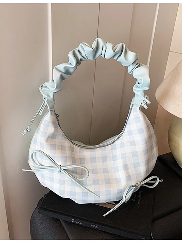 Bolso Hobo de PU a Cuadros Vintage para Mujer Asa Plisada Lazo Decorativo Bolso de Bandolera Grande Bolso de Media Luna