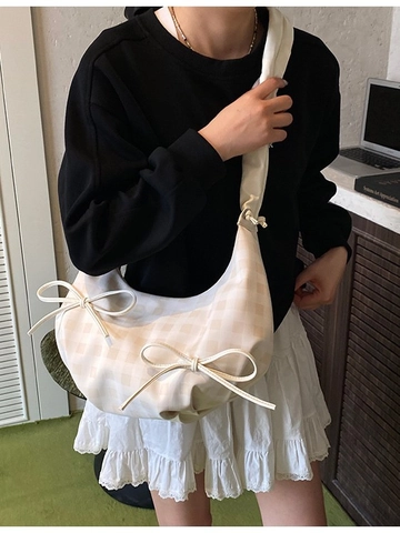 Bolso Hobo de PU a Cuadros Vintage para Mujer Asa Plisada Lazo Decorativo Bolso de Bandolera Grande Bolso de Media Luna