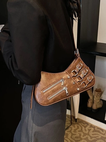 Women Vintage Motorcycle Shoulder Bag PU Leather Pleated Crescent Underarm Bag With Belt Buckle Zipper Punk Crossbody Bag