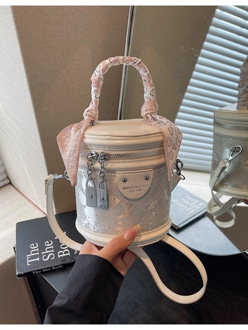 Mode Femmes Mini Sac Seau en Cuir PU Avec Poignée Foulard Texture Denim Sac Bandoulière Serrure Métal Sac à Épaule