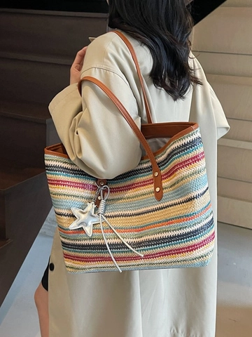 Grand Sac Fourre-tout de Plage en Paille Tissée Bohème pour Femmes Sac à Épaule Vacances d'Été Avec Pendentif Étoile Et Bordure en PU