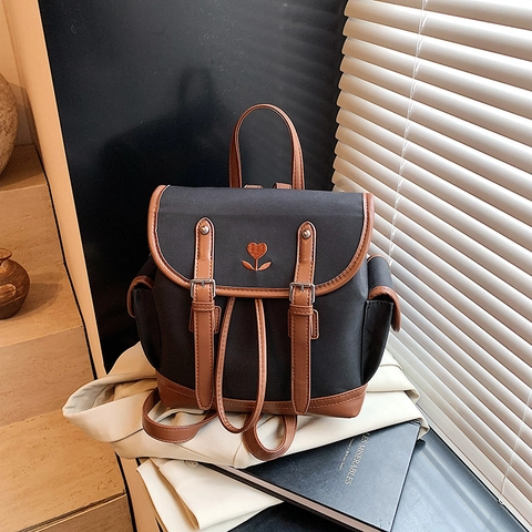Mochila de Mujer de Color en Contraste Gran Capacidad Bolsa Escolar para Estudiantes Cuero PU Lona Retro Bordado de Corazón Solapa Cordón