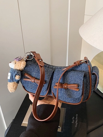 Borsa a Tracolla in Denim Vintage da Donna Con Rifiniture in Pelle PU a Contrasto Piccola Borsa da Sottobraccio Con Fiocco e Ciondolo a Orso