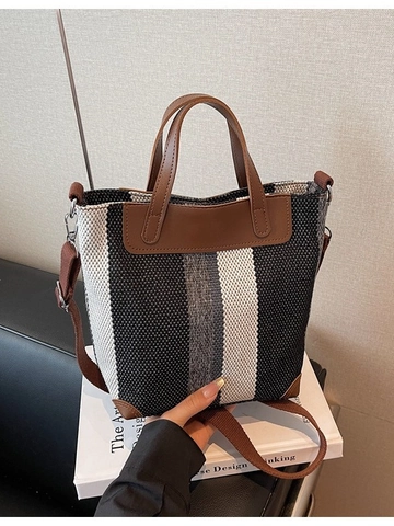 Sac Seau en Toile Rayée Décontracté pour Femmes Sac à Main Bloc de Couleur avec Couture en Cuir et Bandoulière Réglable