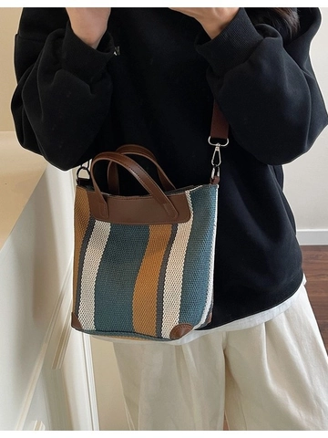 Sac Seau en Toile Rayée Décontracté pour Femmes Sac à Main Bloc de Couleur avec Couture en Cuir et Bandoulière Réglable
