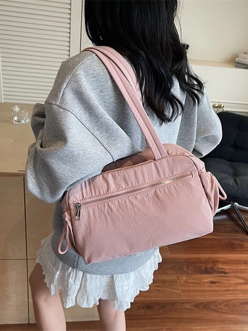 Borsa Tote in Nylon Casual da Donna di Grande Capacità Borsa a Spalla Plissettata Leggera Con Tasca a Cerniera Versatile