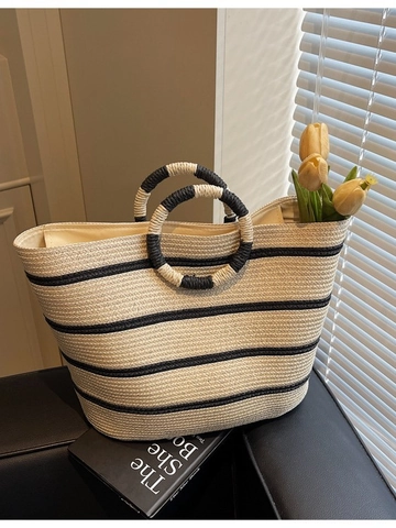 Sac Cabas en Paille de Grande Capacité pour Femmes Rayé Été Plage Vacances Sac à Main Avec Poignée Ronde Voyage