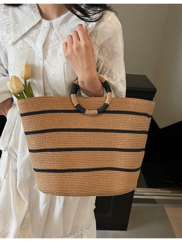 Sac Cabas en Paille de Grande Capacité pour Femmes Rayé Été Plage Vacances Sac à Main Avec Poignée Ronde Voyage