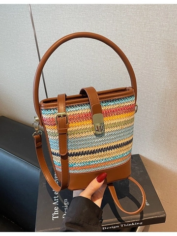 Sac Seau en Paille Tissé à la Main pour Femme Mode Rayures Multicolores Sac Bandoulière PU Cuir Patchwork Sac de Plage