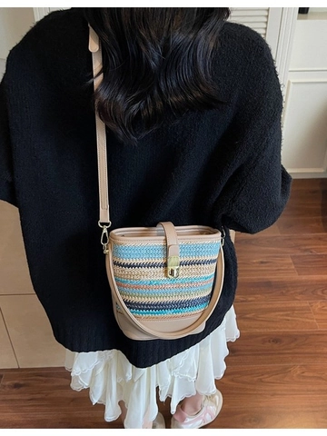 Sac Seau en Paille Tissé à la Main pour Femme Mode Rayures Multicolores Sac Bandoulière PU Cuir Patchwork Sac de Plage
