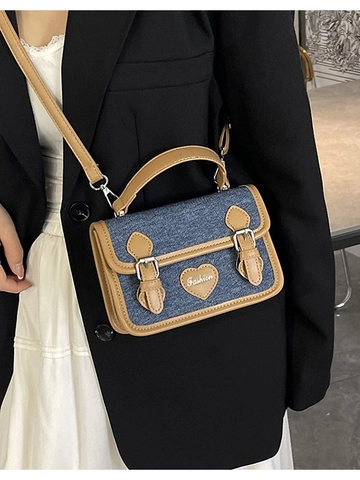 Sac Bandoulière en Patchwork de Denim Vintage pour Femmes Petit Sac à Main Carré Décor de Coeur Mode PU Cuir