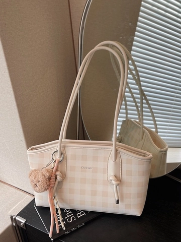 Sac Fourre-tout Tendance à Damier pour Femmes Grande Capacité en Cuir PU Sac sous le Bras avec Pendentif Ours Motif Grille