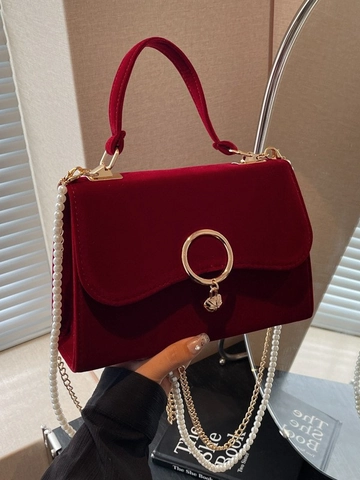 Bolso Bandolera Vintage para Mujer Cuero PU Borgoña Cadena de Perlas Colgante de Corazón Bolso para Boda Fiesta