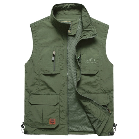 Men's Outdoor Multi-Pocket Functional Vest Quick Dry Polyester Mesh Lining Fishing Photography Tactical Stand Collar Waistcoat