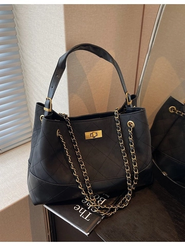 Grand Sac Fourre-tout en Cuir PU Matelassé Pour Femmes Vintage Chaîne Dorée Sac à Bandoulière Avec Verrou Métallique Sac Quotidien Élégant