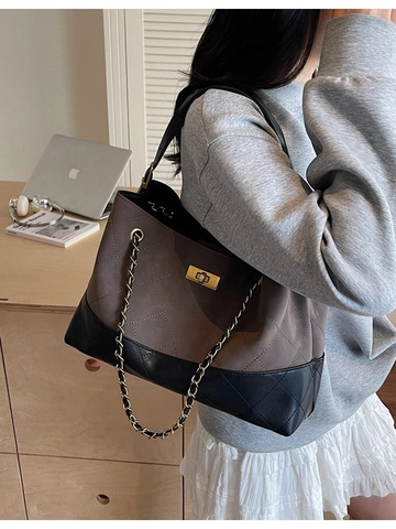 Grand Sac Fourre-tout en Cuir PU Matelassé Pour Femmes Vintage Chaîne Dorée Sac à Bandoulière Avec Verrou Métallique Sac Quotidien Élégant