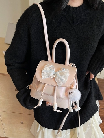 Dames Mini PU Leer Rugzak Met Kant Strik En Pluche Monster Hanger Lief Schattig Kleine Rugtas Voor Dagelijks Gebruik